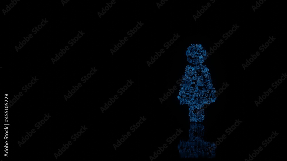 Poster 3d rendering mechanical parts in shape of symbol of female isolated on black background with floor r
