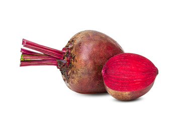 Whole red fresh beetroot and half. Isolated on white background. Vegetarian food concept. Healthy winter vegetables Contains vitamins and antioxidants.