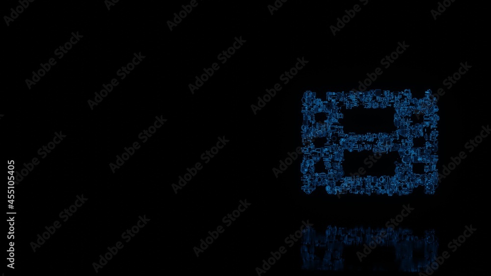 Poster 3d rendering mechanical parts in shape of symbol of film isolated on black background with floor ref
