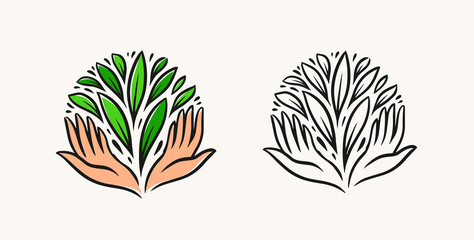Hands and green leaves logo. Organic, natural product symbol. Environment, nature concept vector illustration