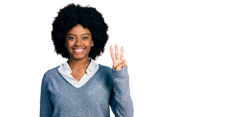 Young african american woman wearing business clothes showing and pointing up with fingers number three while smiling confident and happy.
