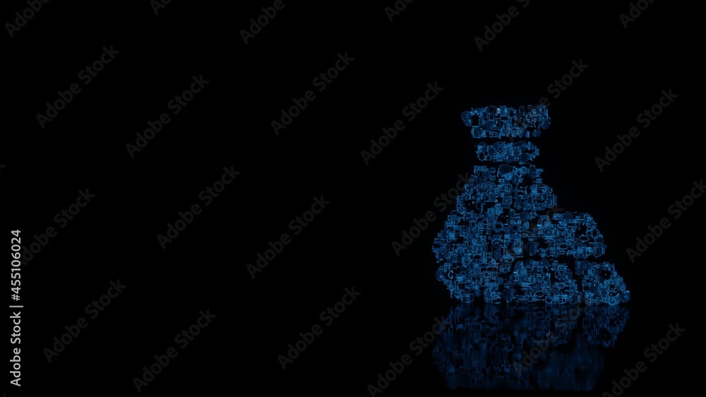 Poster 3d rendering mechanical parts in shape of symbol of gold ingot isolated on black background with flo