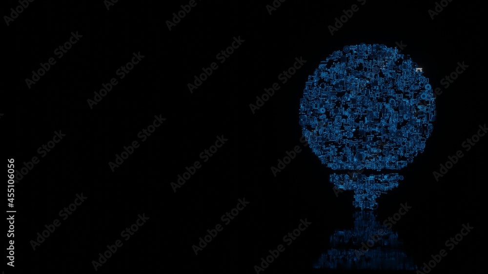 Poster 3d rendering mechanical parts in shape of symbol of golf ball isolated on black background with floo