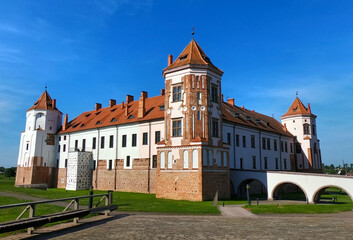 A beautiful medieval castle. Summer architectural landscape. 20 August 2021, Mir, Belarus