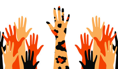 Spotted hands of people in the crowd on a white background. Trendy leopard print. Activists, feminists and other communities are fighting for equality. Vector.