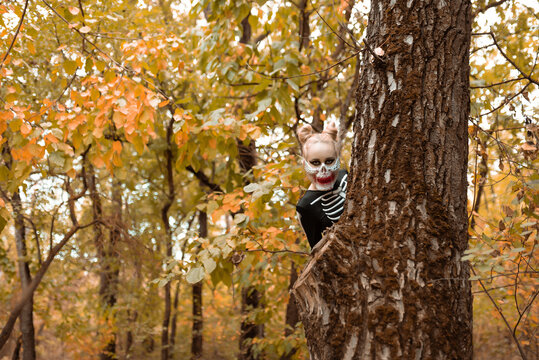 A girl with a scary make-up in a skeleton costume, a mask with rhinestones in a gloomy autumn forest. Stands terribly, peeking out from behind a tree. Portrait. Halloween, autumn holiday concept 