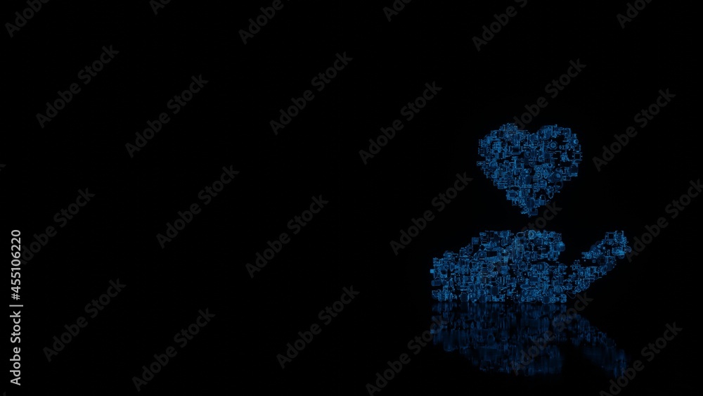 Poster 3d rendering mechanical parts in shape of symbol of hand holding heart isolated on black background 