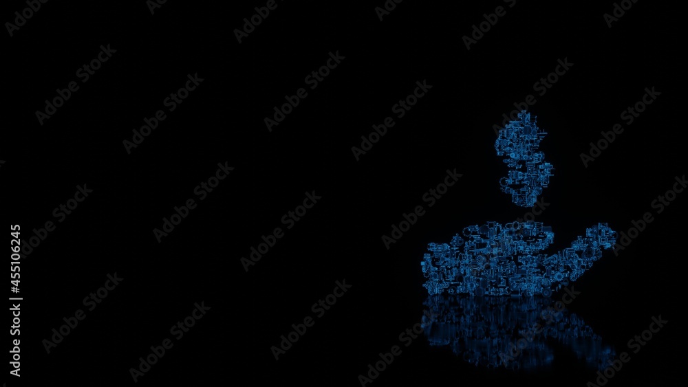 Poster 3d rendering mechanical parts in shape of symbol of hand holding usd isolated on black background wi
