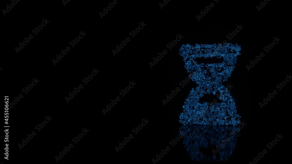Poster 3d rendering mechanical parts in shape of symbol of hourglass half isolated on black background with