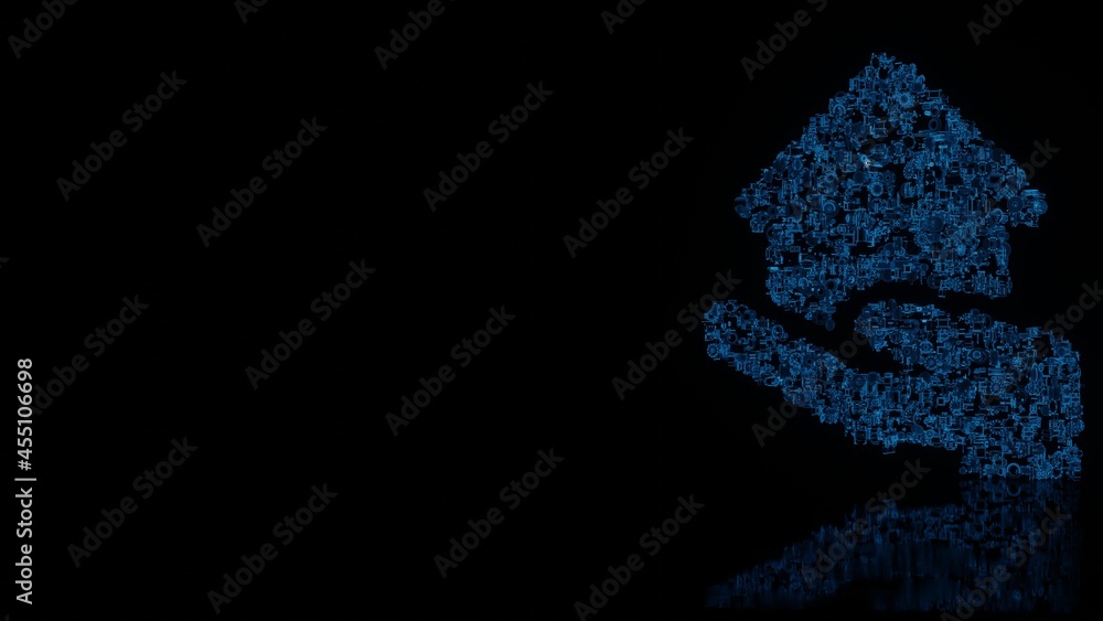 Poster 3d rendering mechanical parts in shape of symbol of house isolated on black background with floor re