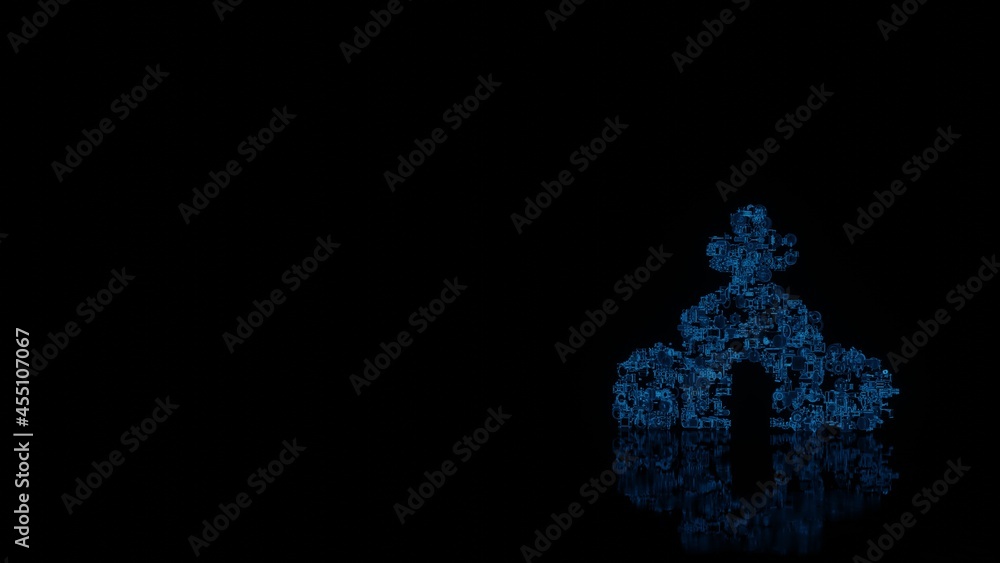 Poster 3d rendering mechanical parts in shape of symbol of church isolated on black background with floor r