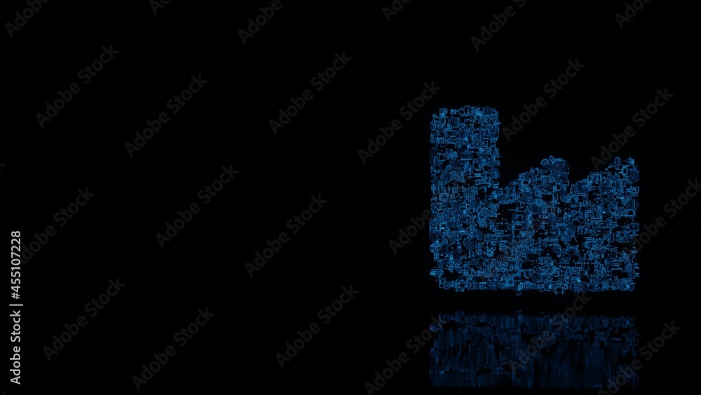 Poster 3d rendering mechanical parts in shape of symbol of industry isolated on black background with floor