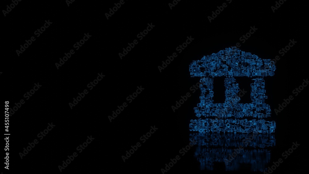 Poster 3d rendering mechanical parts in shape of symbol of landmark isolated on black background with floor
