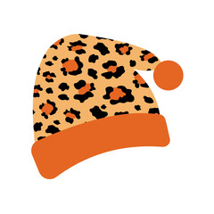 Spotted winter New Year's hat with bubo against white background. Trendy leopard print. 