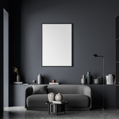 Canvas in dark blue and grey living room with a small sofa