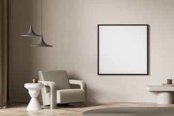 Square living room poster with one armchair in beige