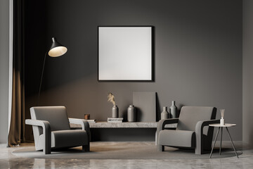 Grey living room with two armchairs and a square poster