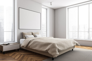 Modern white and beige bedroom with horizontal canvas. Corner view.