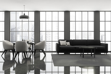 Panoramic grey living room with a couch and a dining table
