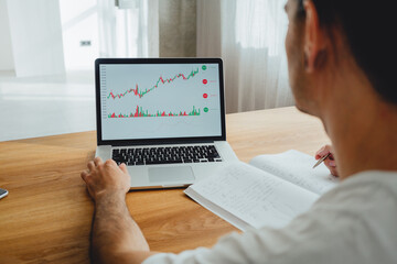 Young man trader investing in online world stock exchange. Male working with stock market and analysing securities trend