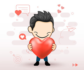 Smiling man showing love heart. Shy male character holding heart vector shape
