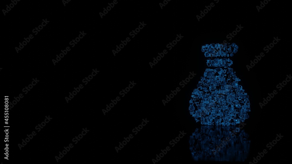 Poster 3d rendering mechanical parts in shape of symbol of money bag isolated on black background with floo