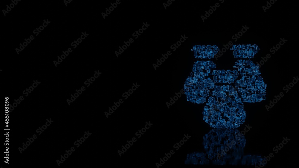 Poster 3d rendering mechanical parts in shape of symbol of money bag isolated on black background with floo
