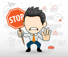 Angry business man showing stop sign. Flat illustration in cartoon style