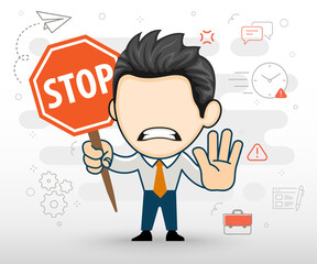Angry businessman holding stop sign. Flat business illustration in cartoon style