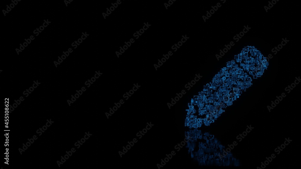 Poster 3d rendering mechanical parts in shape of symbol of pencil alt isolated on black background with flo