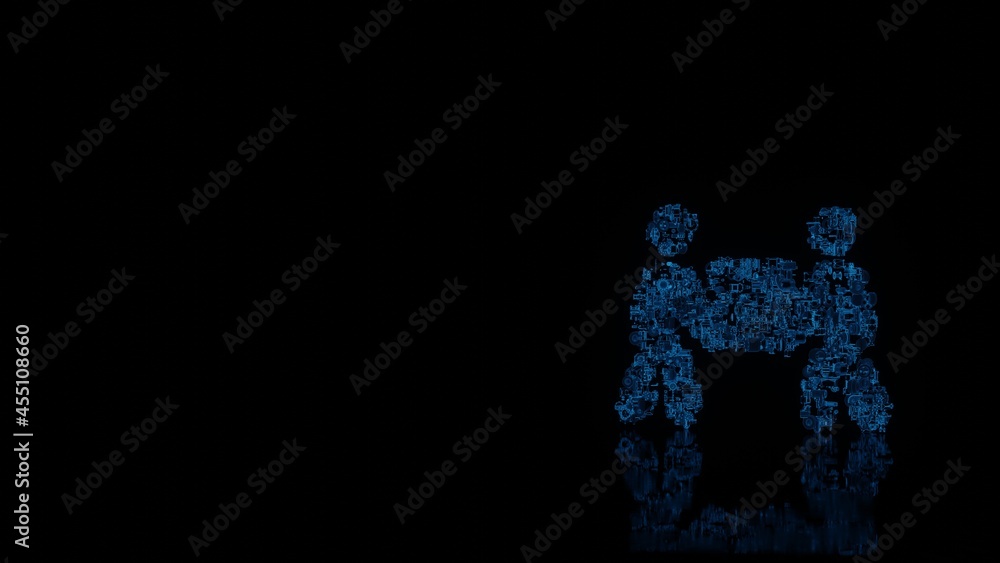 Poster 3d rendering mechanical parts in shape of symbol of people carry isolated on black background with f