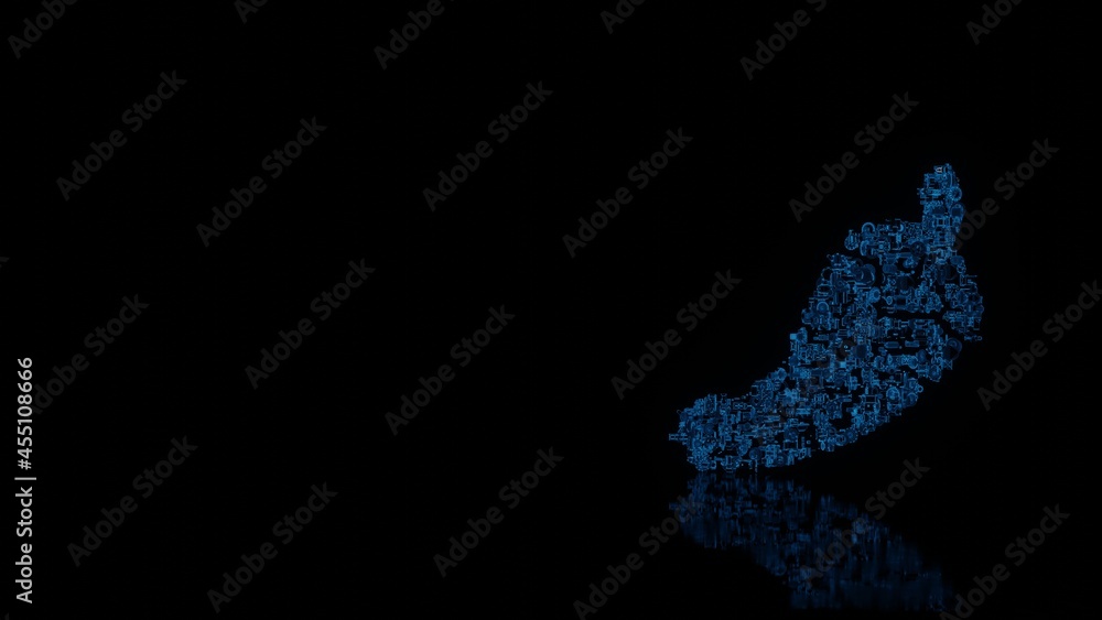 Poster 3d rendering mechanical parts in shape of symbol of pepper hot isolated on black background with flo