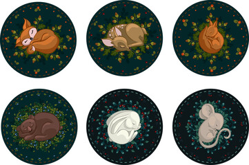 Set of compositions with sleeping forest animals and plants. Little fox, squirrel, fawn, bear cub, hare, mouse. Cartoon vector graphics.