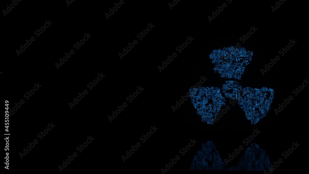 Poster 3d rendering mechanical parts in shape of symbol of radiation isolated on black background with floo