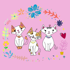 The three cute cats. Colorful doodle animals. Vector illustration.