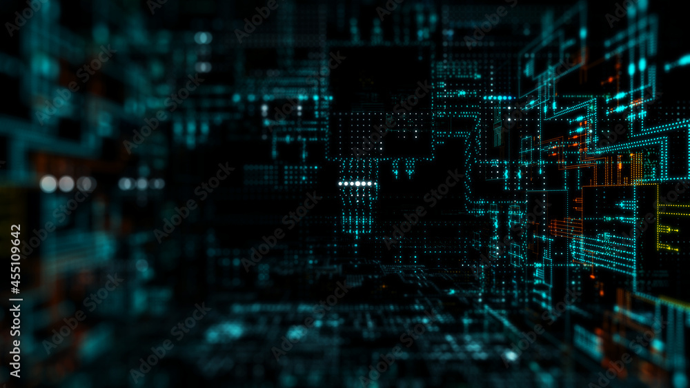 Poster Abstract technology background/3d illustration. Colored background with digital integrated network technology. Technology background, Circuit board futuristic server code processing.