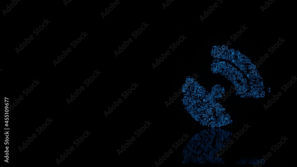 Poster 3d rendering mechanical parts in shape of symbol of satellite dish isolated on black background with