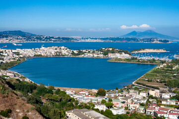 landscape of Miseno its promontory and lake from Procida mount, Naples