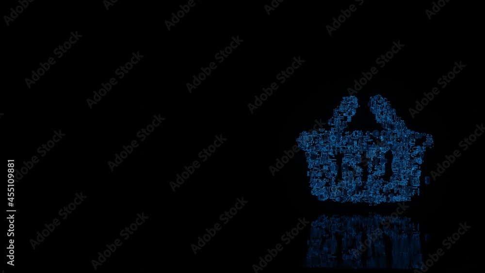 Poster 3d rendering mechanical parts in shape of symbol of shopping basket isolated on black background wit