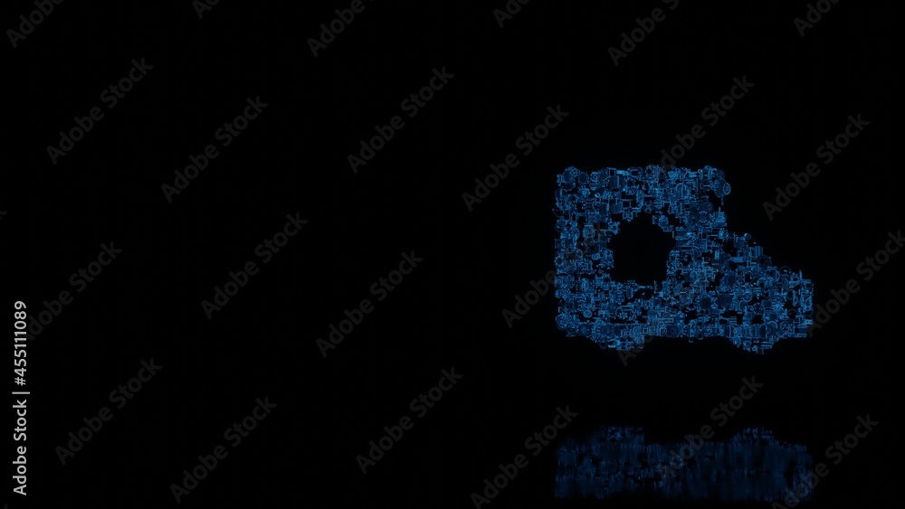 Poster 3d rendering mechanical parts in shape of symbol of truck isolated on black background with floor re