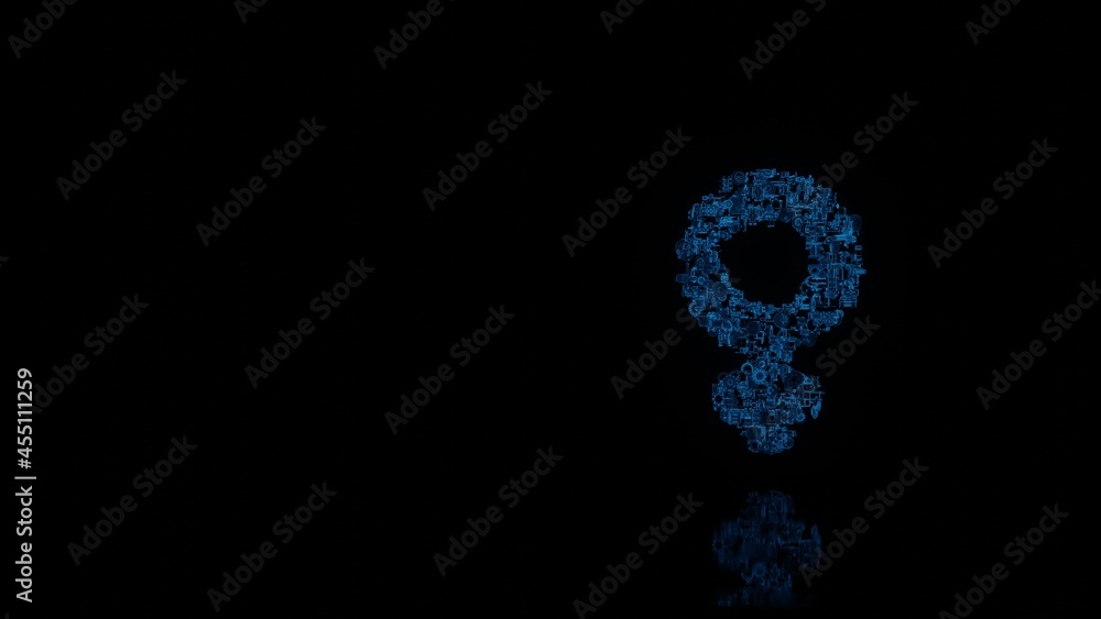 Poster 3d rendering mechanical parts in shape of symbol of venus isolated on black background with floor re