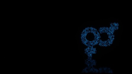 3d rendering mechanical parts in shape of symbol of Venus mars isolated on black background with floor reflection