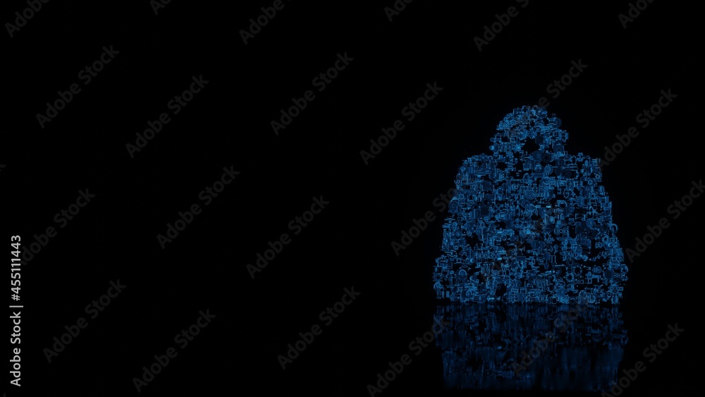 Poster 3d rendering mechanical parts in shape of symbol of weight hanging isolated on black background with