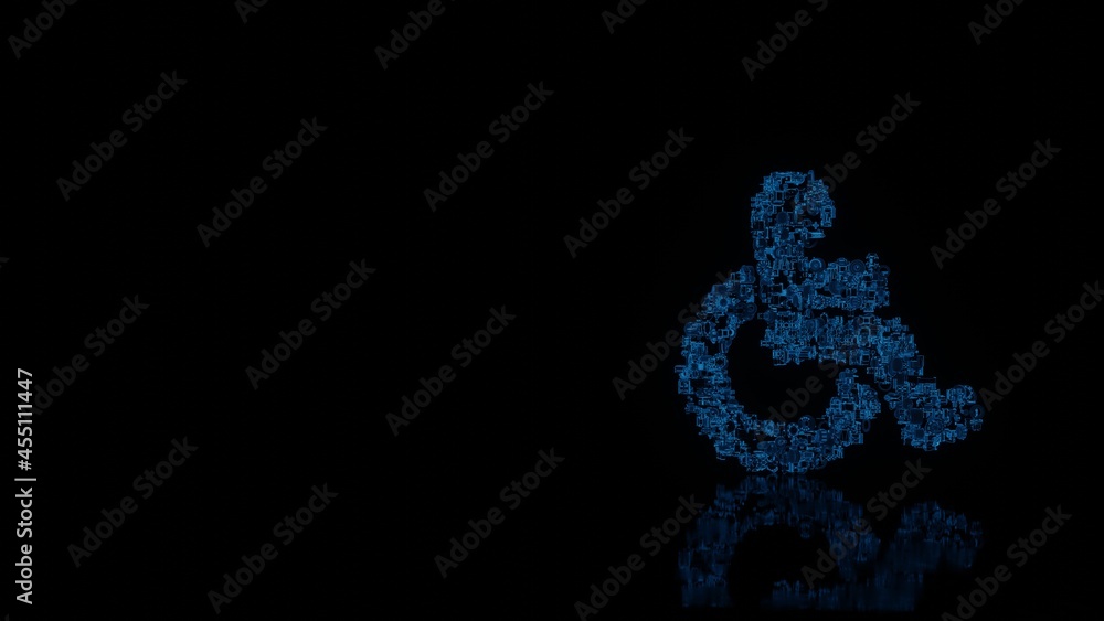 Poster 3d rendering mechanical parts in shape of symbol of wheelchair isolated on black background with flo