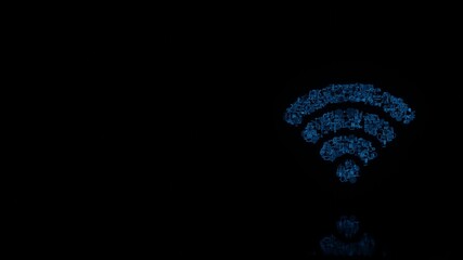 3d rendering mechanical parts in shape of symbol of Wi-Fi 1 isolated on black background with floor reflection