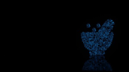 3d rendering mechanical parts in shape of symbol of alchemy mortar isolated on black background with floor reflection