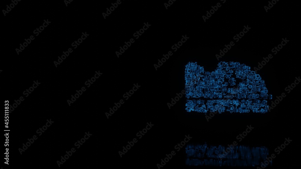 Poster 3d rendering mechanical parts in shape of symbol of baby shoe isolated on black background with floo