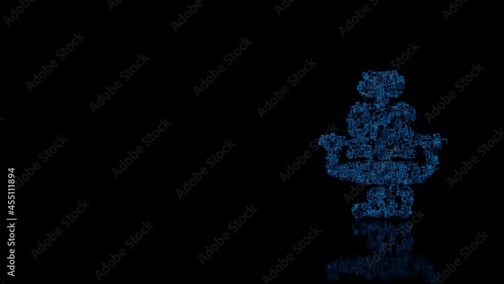 Poster 3d rendering mechanical parts in shape of symbol of barber chair isolated on black background with f