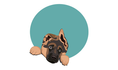 Cute German Shepherd. Drawn funny pet dog. Stickers, cards, pins.
