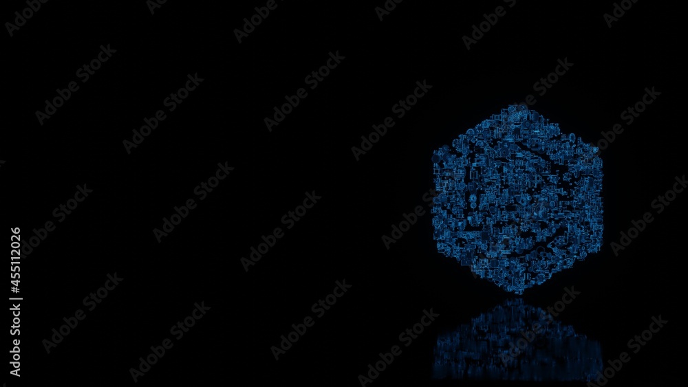 Poster 3d rendering mechanical parts in shape of symbol of benzene isolated on black background with floor 